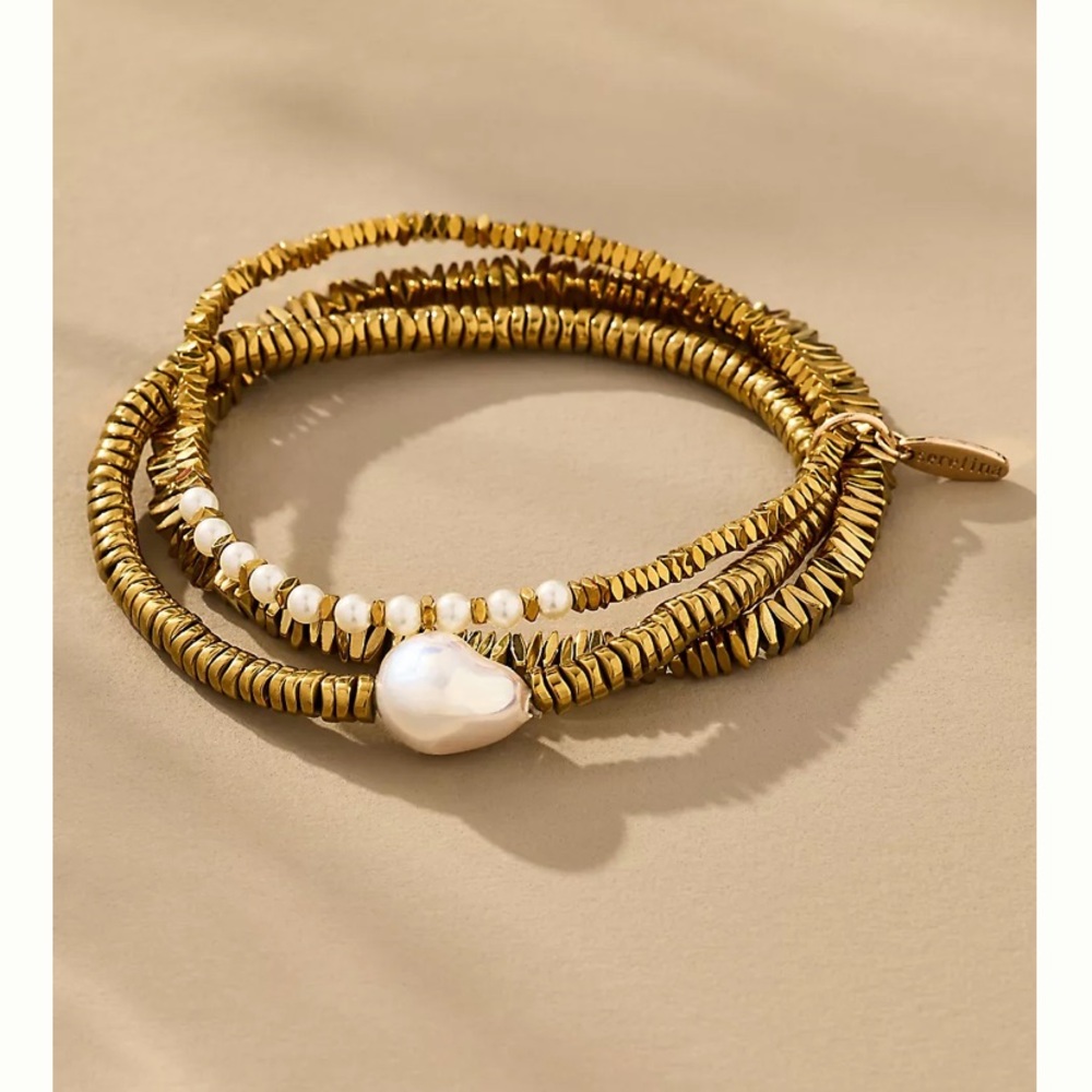 Anthropologie Gold Beaded Wrap Bracelet with Pearl Accent